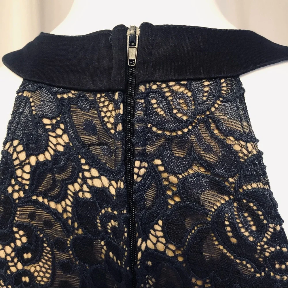 Crystal Doll 5 navy lace over nude halter mini dress - Picture 3 of 9